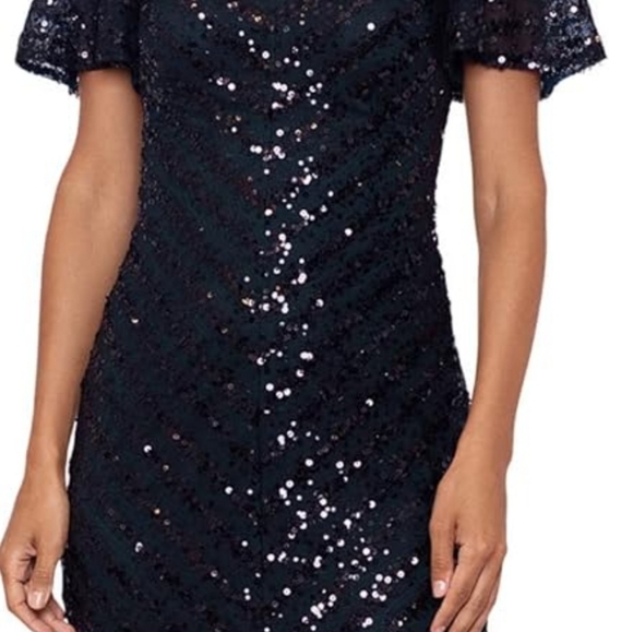 Xscape Short Sleeve V-Neck Dress with Sequins (black/hunter). Size 12. - Picture 3 of 4